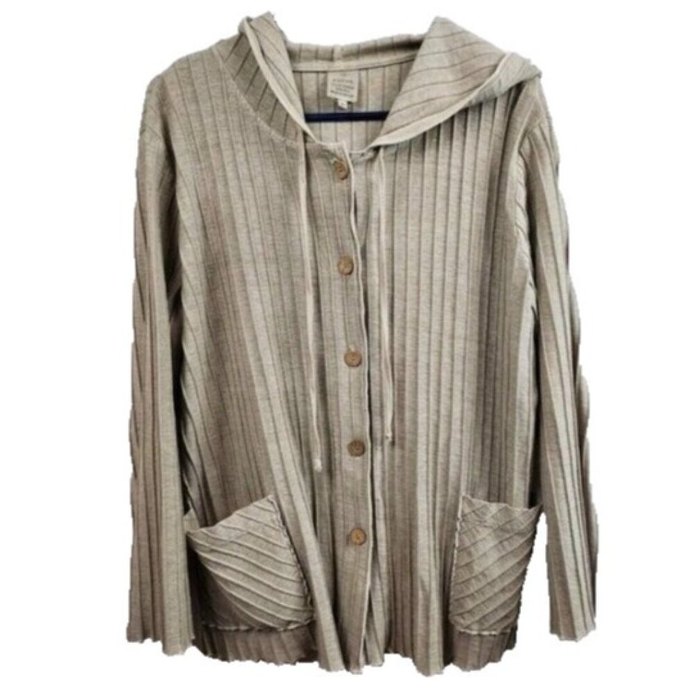 Focus Casual Life Womens Lagenlook Hoodie Small Beige Ribbed Button Up Coastal